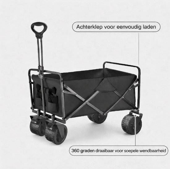 Bolderkar - Zwart - Extra Brede Wielen - Opvouwbaar - Laadvermogen - 80KG - Laadruimte 91 x 52 x 62 - Staal - polyester - PU Wielen - Festival/strand/camping Bolderkar van LifeGoods — afbeelding 5
