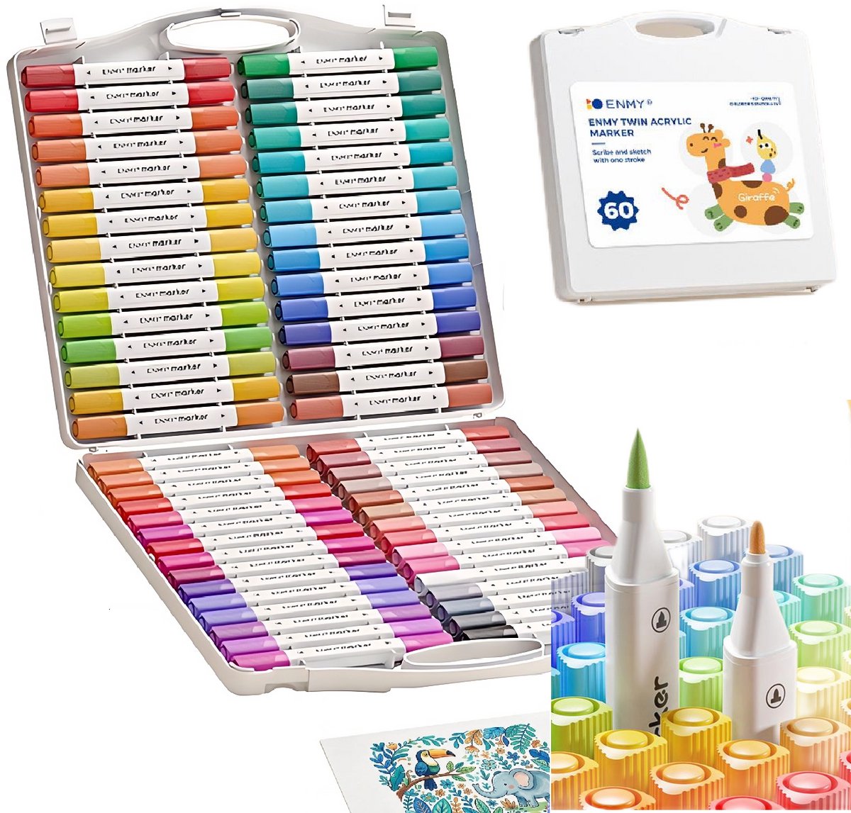 60 Acrylstiften Dual tip -Acryl Marker Verfstiften(60 stuks grote capaciteit) - Acrylverf - 60 Kleuren met doos- met dubbele penpunt- Acrylverf Tekenset- Acrylic Verf Markers Met Fijne Tip Ronde Tip -Voor Schilderen Canvas Glas Keramiek Decoreren