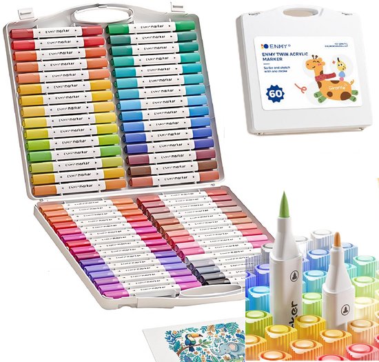 Open koffer met 60 dual tip acryl markers in diverse kleuren. Bovenin de koffer deksel met giraffe illustratie en "60".