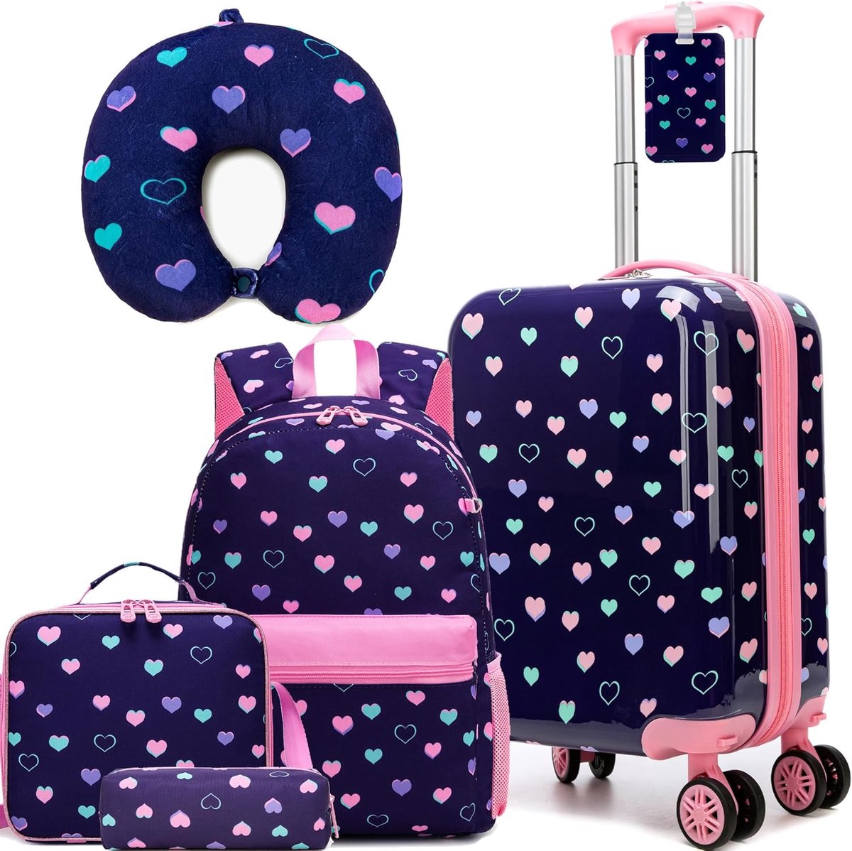 Reiskoffer Set - Kinderkoffer Rugzak - Reizen - Compleet 5-delig - 41x30x10 cm - Blauw Hart
