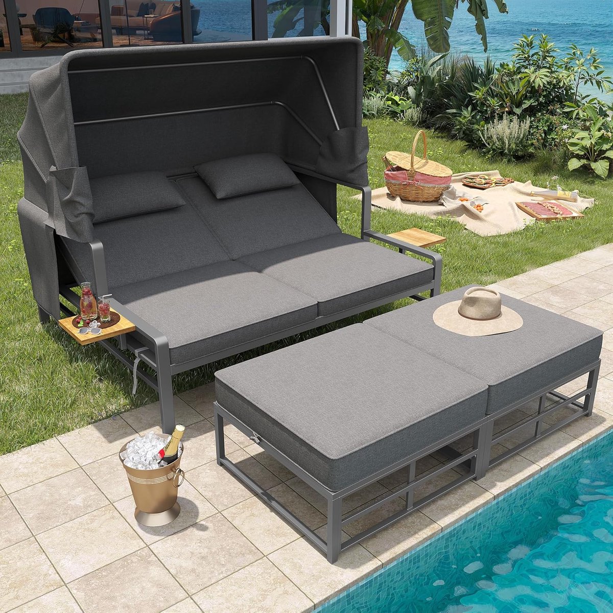 2-persoons ligbed tuin 178x130x127 cm met verstelbare rugleuning, inklapbare luifel en kussens – luxe outdoor loungeset, weerbestendig balkon terras tuinmeubel – donkergrijs C – Urbanhome