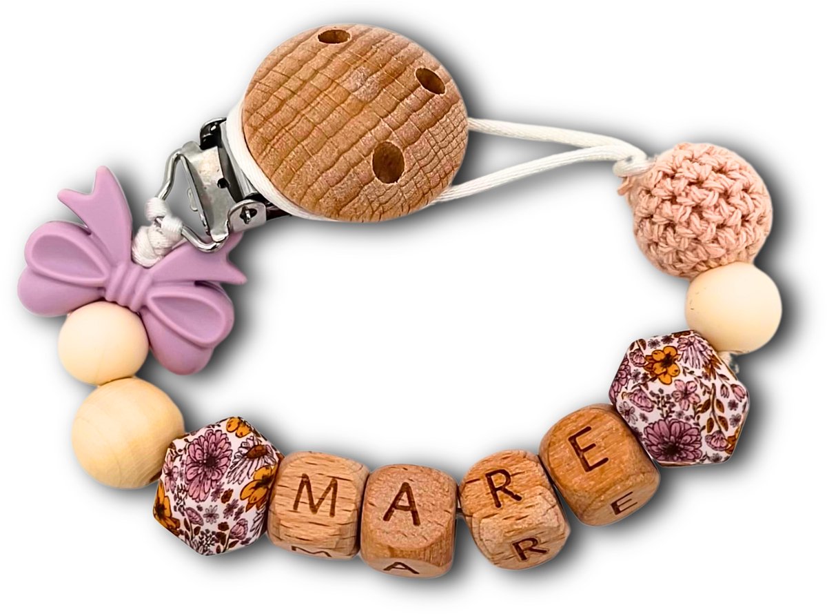 Speenkoord met naam - Strik Flower | Personaliseer - Kraamcadeau - Speenketting - Babycadeau - Babyshower
