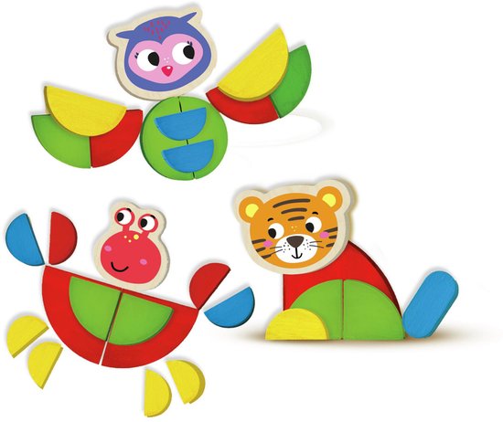 SES Creative 14063 Montessori Speelgoed - Dieren vormen naleggen - Opdrachtenkaarten en houten onderdelen om figuren na te leggen - stapelen en vormen maken