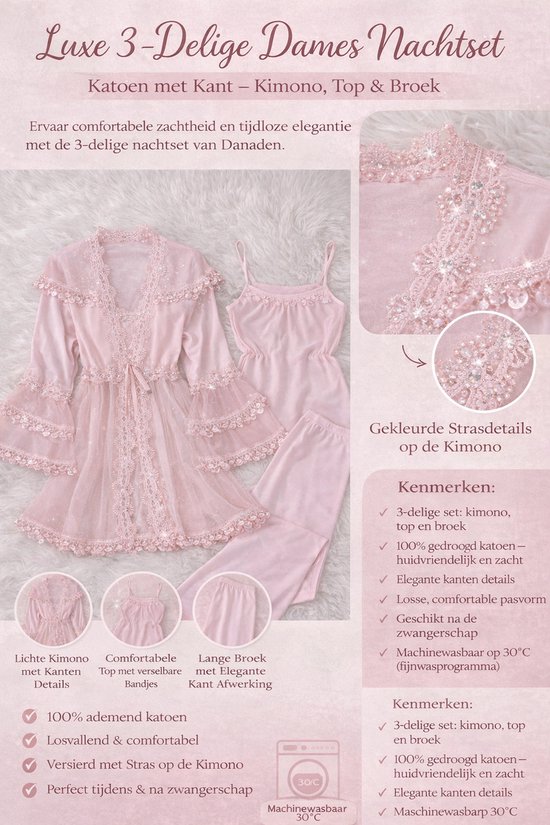 Luxe 3-Delige Dames Nachtset – Katoen met Kant & Strasdetails – Kimono, Top & Broek – Danaden Collectie - Pink, S/M