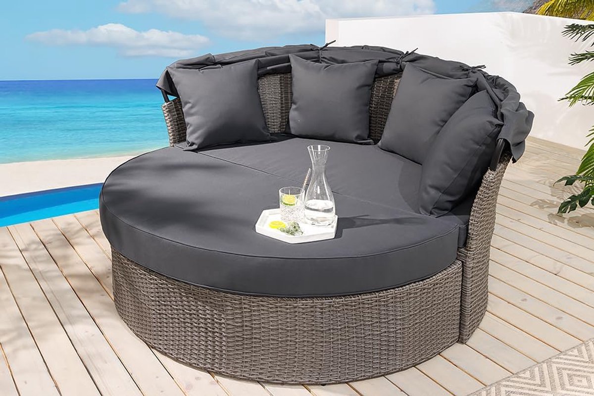 Zonne-eiland 2-persoons rond ligbed 150x165x150 cm met draaibaar zitvlak en kussens – modulair outdoor loungebed, weerbestendig tuinmeubel balkon terras – grijs – Urbanhome