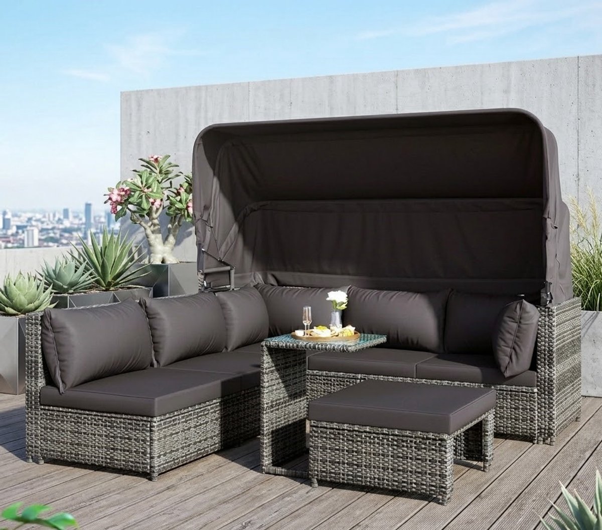 Luxe Rattan Zonnebed Lounge Set met Zonnescherm 194x128x140 cm – Modulaire Tuinset met Fauteuils, Kruk en Tafel voor Balkon & Terras – Weerbestendig Polyrotan Tuinmeubel