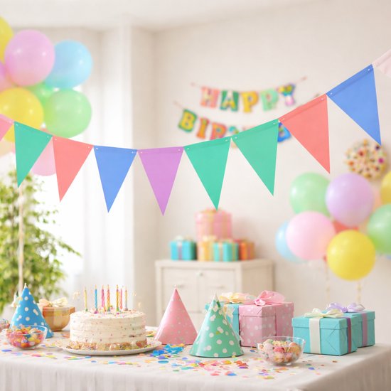 Une table décorée pour un anniversaire avec un gâteau, des cadeaux, des ballons et une guirlande colorée.