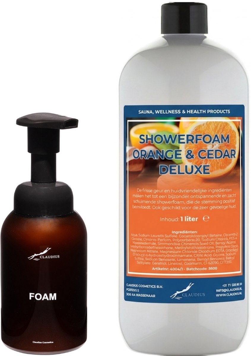 Foam Zeep 1 liter Orange & Cedarwood - met 300 ml dispenser (met bedrukking)
