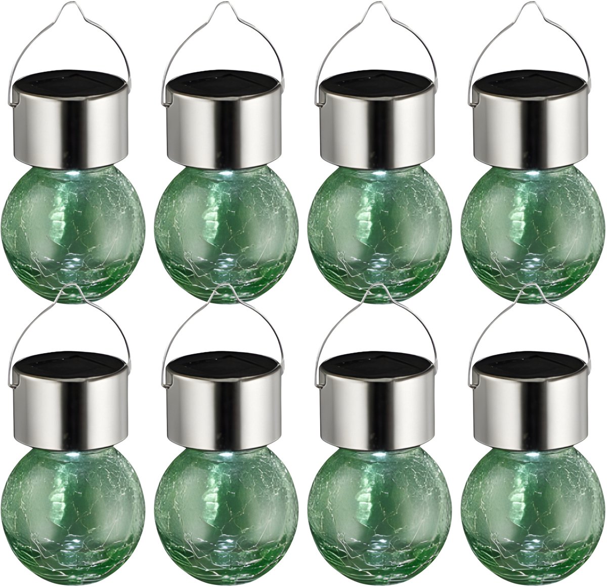 Sunnydays Solar sfeer hanglamp - 8x - tuin - lampenbol - groen - glas - 9 cm - ophang haak