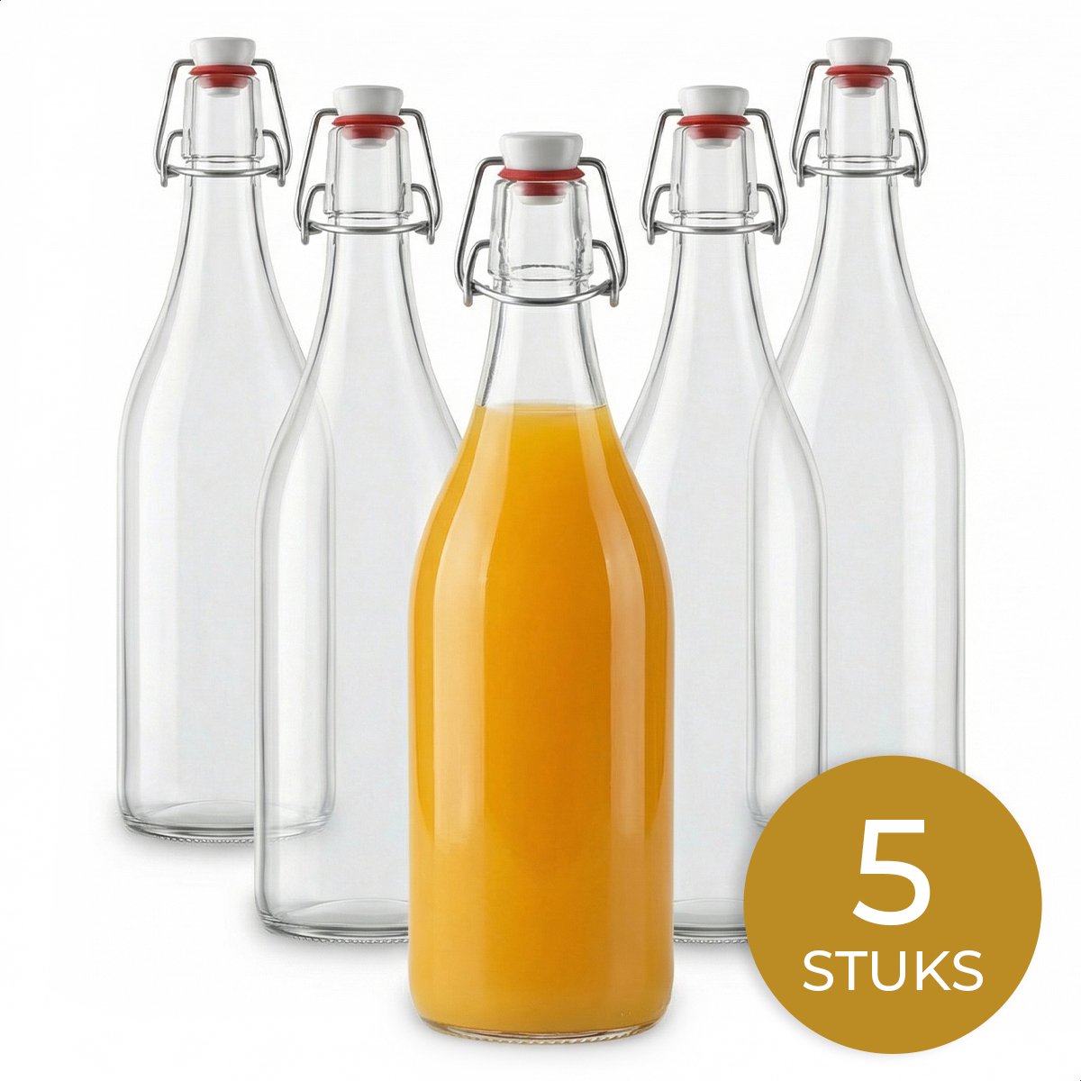 Glasverpakkingen® Beugelfles - Waterfles - 5 Stuks - Glazen Flesjes met Dop - 1000 ml - Hervulbaar - Sapfles - Sapflesjes - Smoothie Fles - Sausfles - Weckfles - Inmaakfles - Beugelsluiting