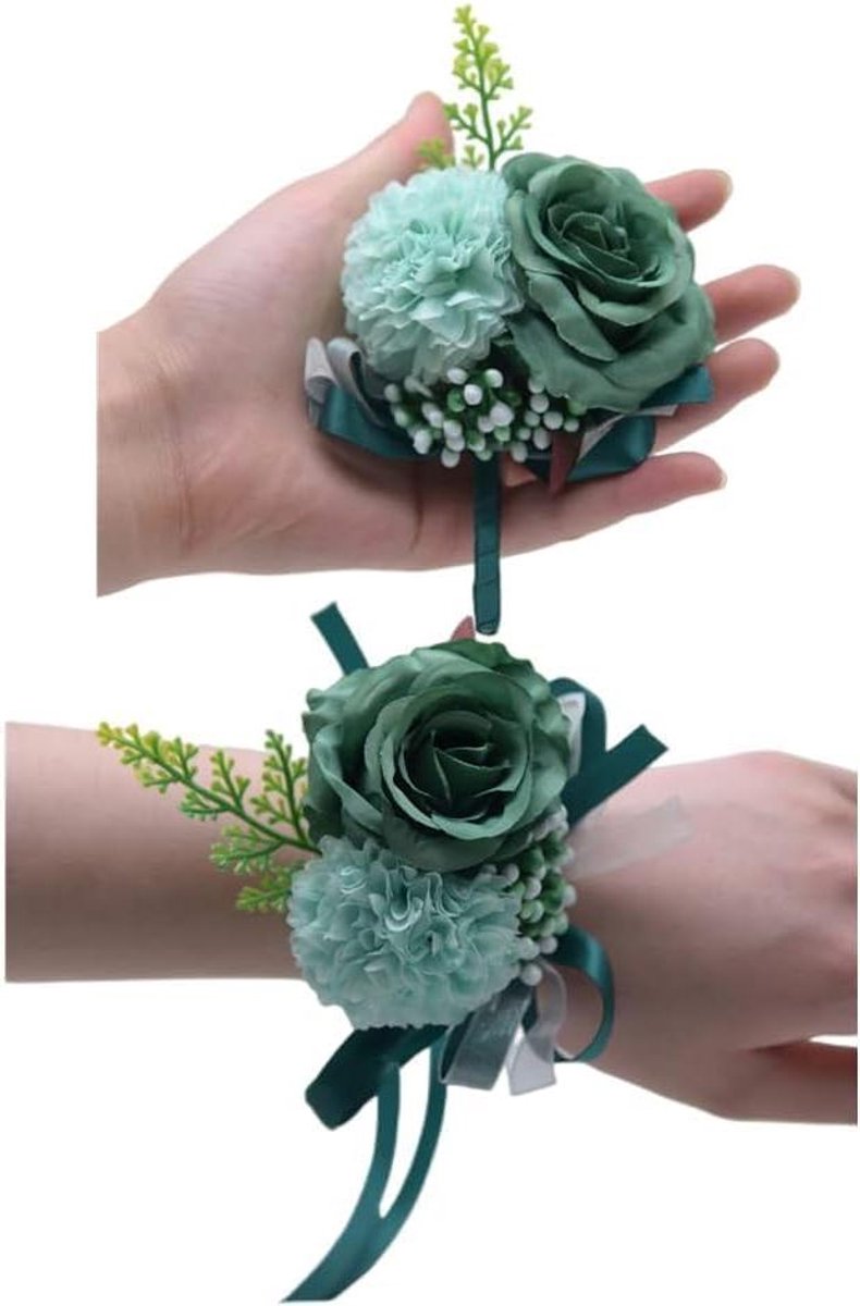 Bruidsboeket Set - Pols Corsage Boutonniere - Bruiloft Feest - Handgemaakt Zijdebloemen - Set van 2 - Groen