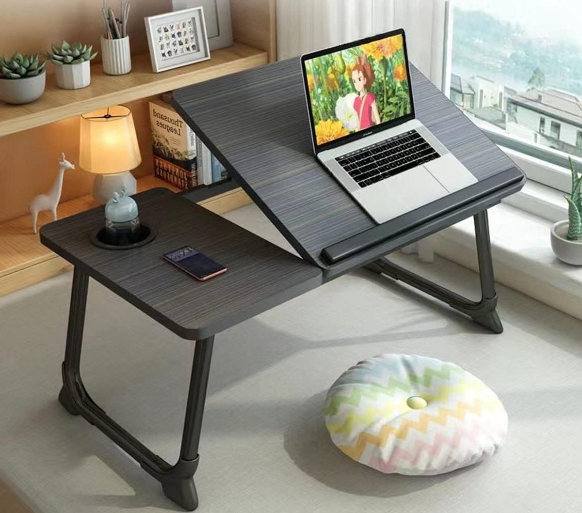 Laptopbureau - Bedtafel Schootbureau - Werken Bank Bed - Verstelbare Hoek Bekerhouder - 60x35x25cm - Zwart
