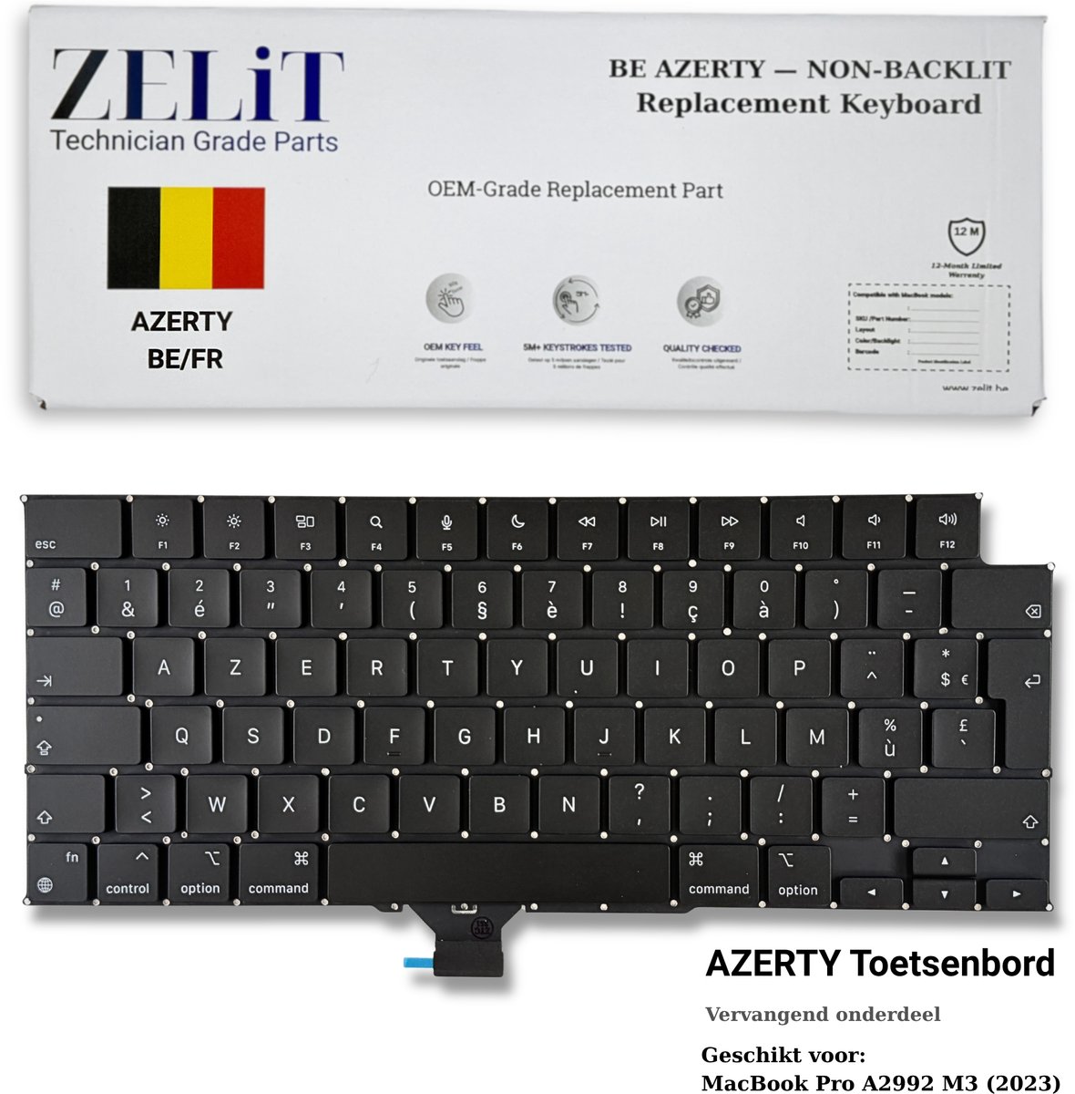 ZeLiT MacBook Pro 14" A2992 2023 M3 Toetsenbord AZERTY - Vervanging Keyboard Zwart