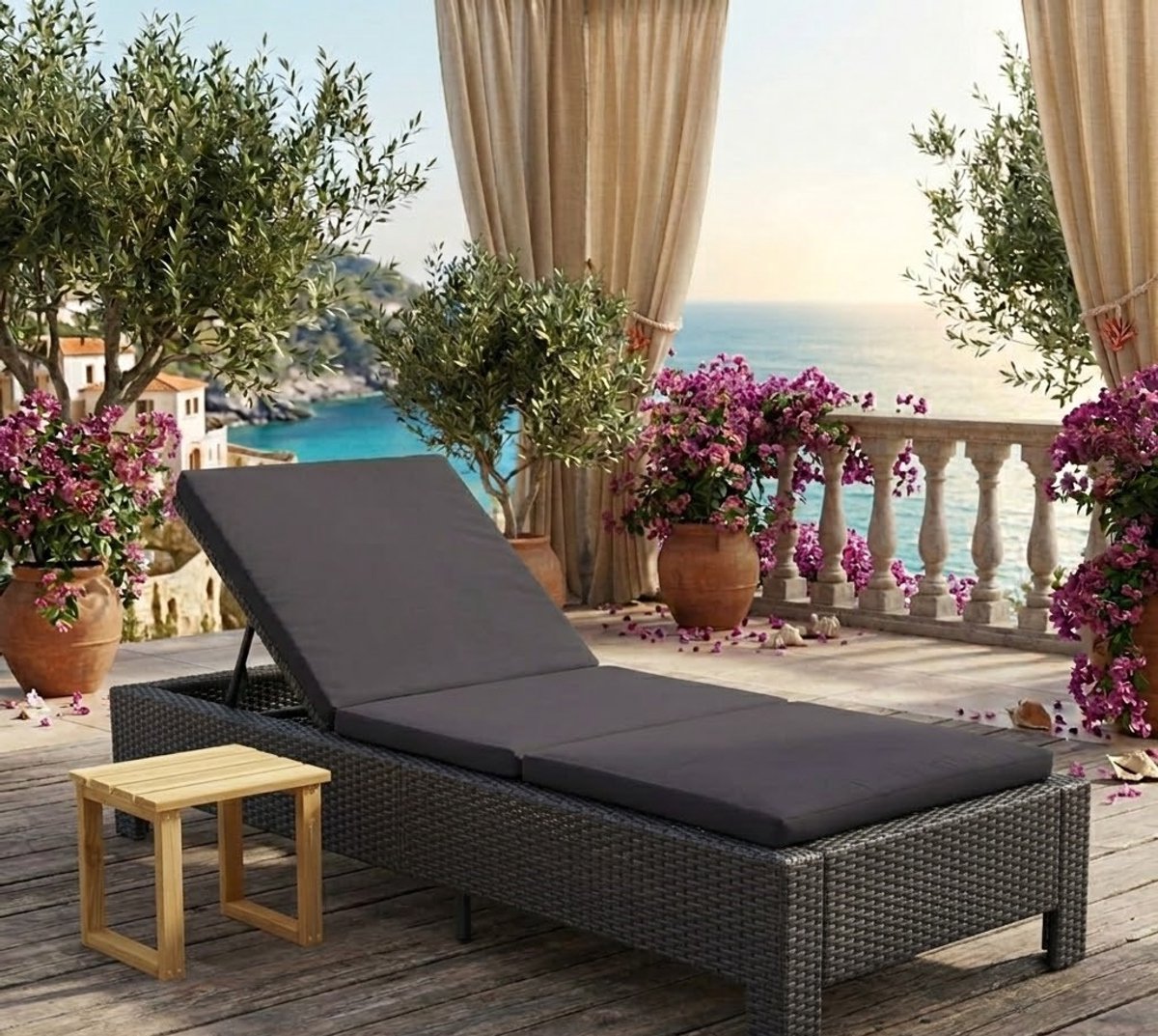 Luxe 2-Persoons Polyrotan Sun Island Ligbed met Comfortabel Kussen – Dubbele Tuin Lounger 200x140x70 cm Weerbestendig Outdoor Daybed Zwart