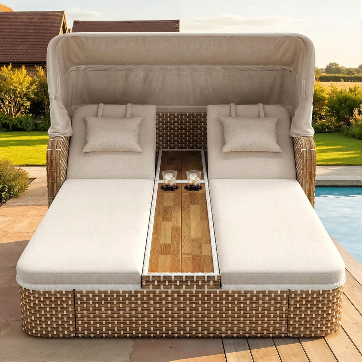 Luxe Dubbele Sun Island Parasol Ligbed met Zonneluifel en 5 cm Dikke Kussens – 2-Persoons Rotan Tuin Lounger 192x160x137 cm Weerbestendig Outdoor Beige