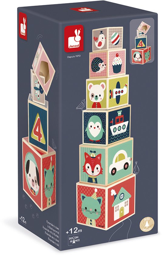 Janod Baby Forest - Houten Stapeltoren 6-Blokken Piramide - Met Schattige Illustraties - Geschikt Vanaf 1 Jaar van Janod — afbeelding 5