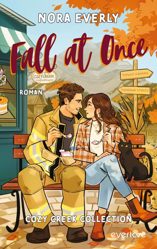 Un pompier et une femme en chemise à carreaux sont assis sur un banc en mangeant de la crème glacée. Un chat noir est assis à côté d'eux. Titre : Fall at Once.