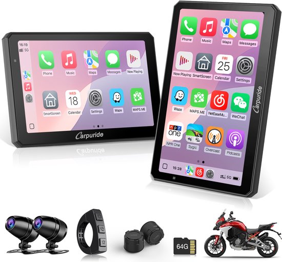 CARPURIDE W712D +TPMS - Motorfiets Carplay-scherm - 1080P HD dubbele dashcam - 7 inch - waterdicht - draaibaar - touchscreen - draadloze CarPlay en Android Auto - bedrade controller - navigatie.