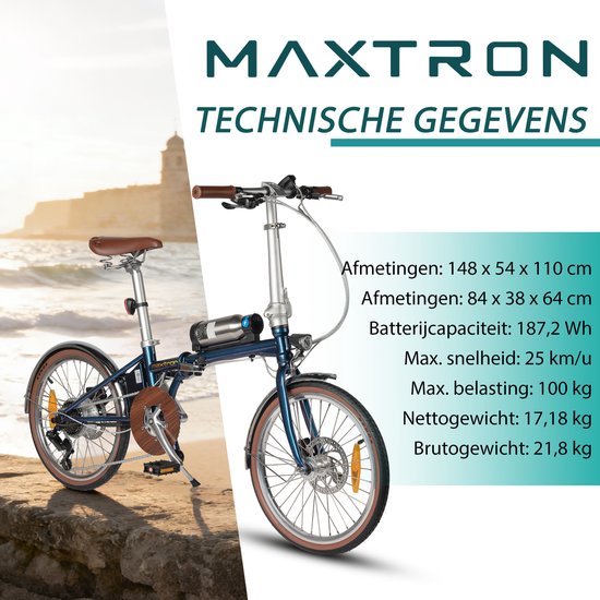 Maxtron Smart20 Elektrische Fiets - 20 Inch Opvouwbare E-bike - 36V 5.2Ah Accu - Actieradius tot 40 km - Shimano 7 Versnellingen - Schijfremmen - Stadsfiets - Blauw van Maxtron — afbeelding 3