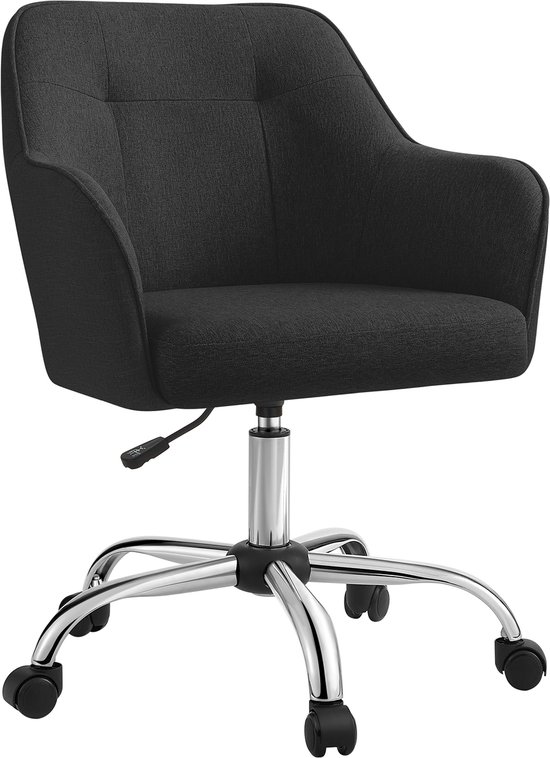 Chaise de bureau noire en tissu avec base chromée et roulettes.