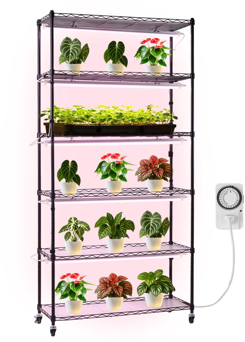 VEVOR Plantenrek met Kweeklampen, 6-laags Plantenstandaard voor Binnen met Wielen en Timer, 150W 3800K Full Spectrum Licht, Metalen Bloemenrek voor Zaaien, 90x35x180cm