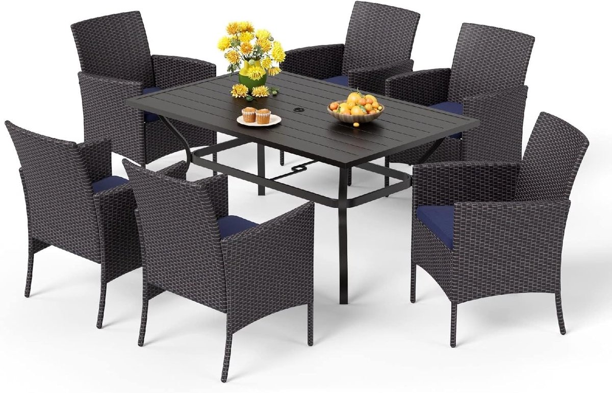 Tuinset 6 Personen 152x96x71 cm – Polyrotan Tuintafel met 6 Stoelen & Verstelbaar Parasolgat – Weerbestendige Dining Set voor Tuin & Terras – Urbanhome