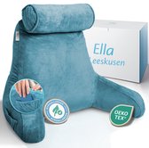 Lichtblauw lees- en steunkussen van Ella met afneembare nekrol en opbergvakken. Inclusief 'Hypoallergeen' en 'OEKO-TEX' keurmerken.
