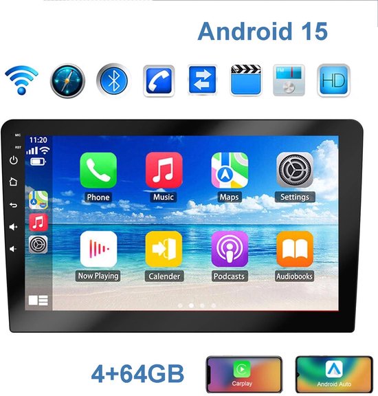 10 inch 2 DIN Android 15 autoradio met HD touchscreen, Bluetooth, USB, FM, draadloos CarPlay & Android Auto