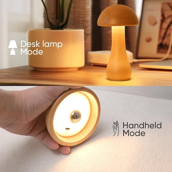 Enkele Houten Paddenstoel Lamp - Touchschakel - Oplaadbaar - 360° Draaibaar - Traploos Dimmed - Voor Nachtkast en Woonkamergebruik van Merkloos — afbeelding 3