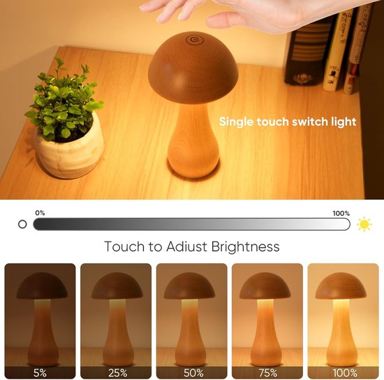 Enkele Houten Paddenstoel Lamp - Touchschakel - Oplaadbaar - 360° Draaibaar - Traploos Dimmed - Voor Nachtkast en Woonkamergebruik van Merkloos — afbeelding 5