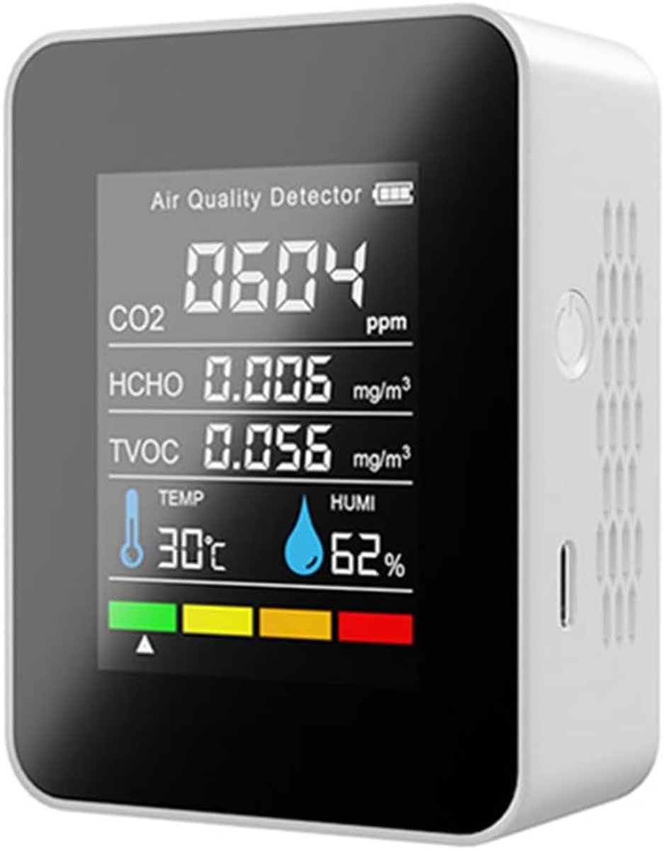 Luchtkwaliteitsmeter - CO2 meter tester - Binnenklimaat meten - 5-in-1 functie - Digitaal display - Wit