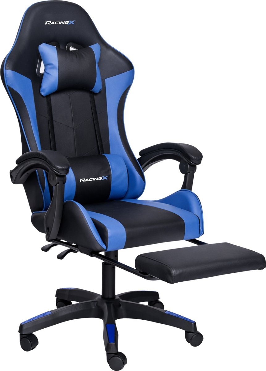 RACINGX - Game Stoel Met Voetsteun- Gaming Stoel - Ergonomische Bureaustoel - Gamestoel - Verstelbaar - Gaming Chair - Zwart/Blauw thumbnail 3