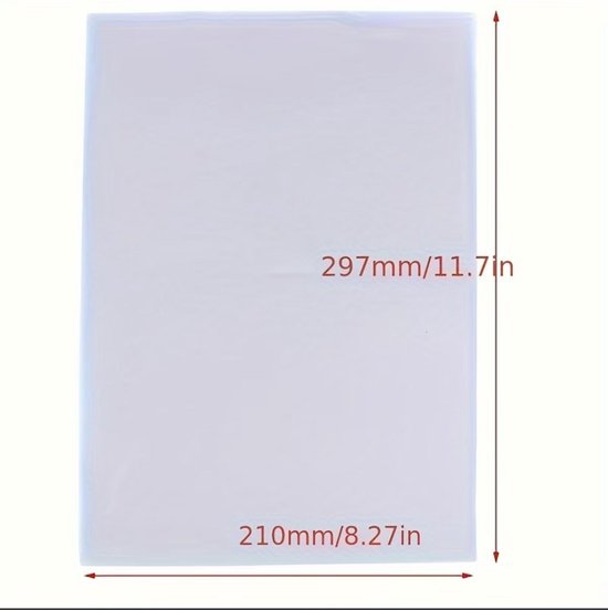 Een vel wit transparant A4-papier met afmetingen 210mm/8.27in bij 297mm/11.7in, op een witte achtergrond.