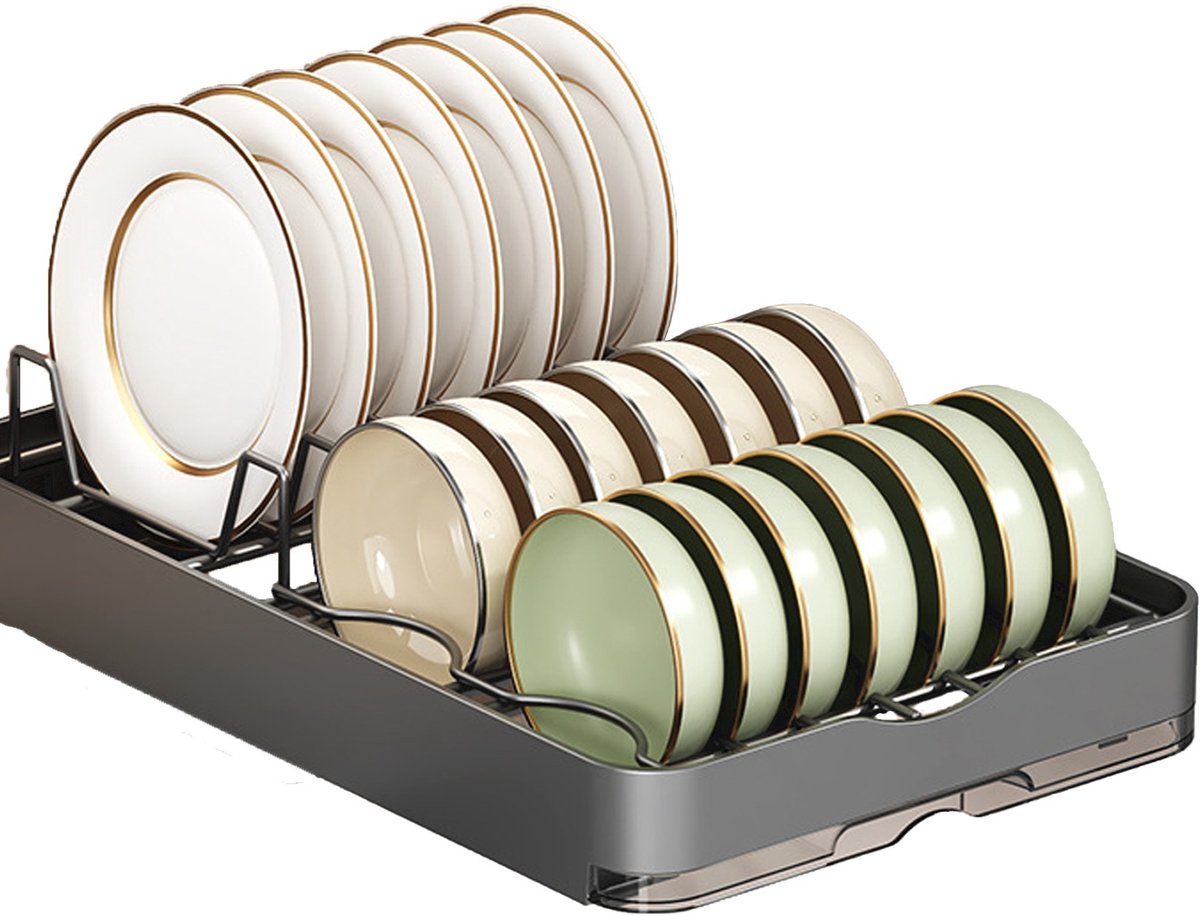CHIWIN Besteklade organizer Uitschuifbare lade - Opbergrek voor keukenlade - Verstelbare Afstandsstukken voor Borden & Kopjes - Inklapbare Lepelhouder - Inclusief Lekbak - 29.5x45.5x5.5 cm - Carbon Staal