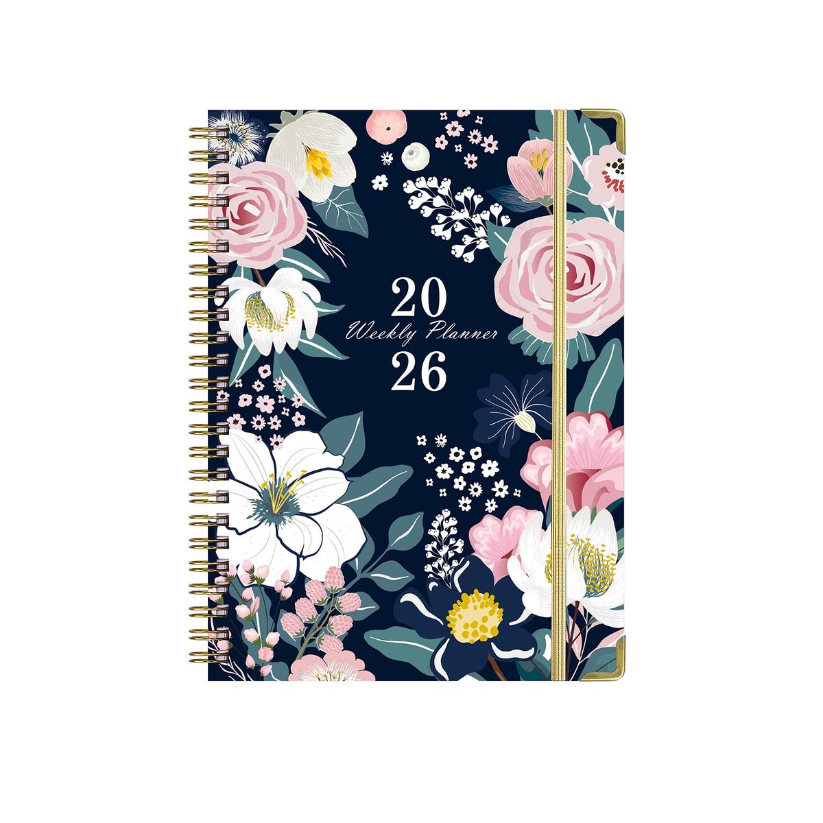 carmdering - 2026 Planner - Agenda voor Vrouwen - Bloemagenda - Blauw, hardcover met goudfolie, spiraal - A5 (16×21,6 cm), jan-dec 2026 - Maand- en weekoverzicht, 100 gsm papier - Incl. opbergvak, boekleggers, notitiepagina's