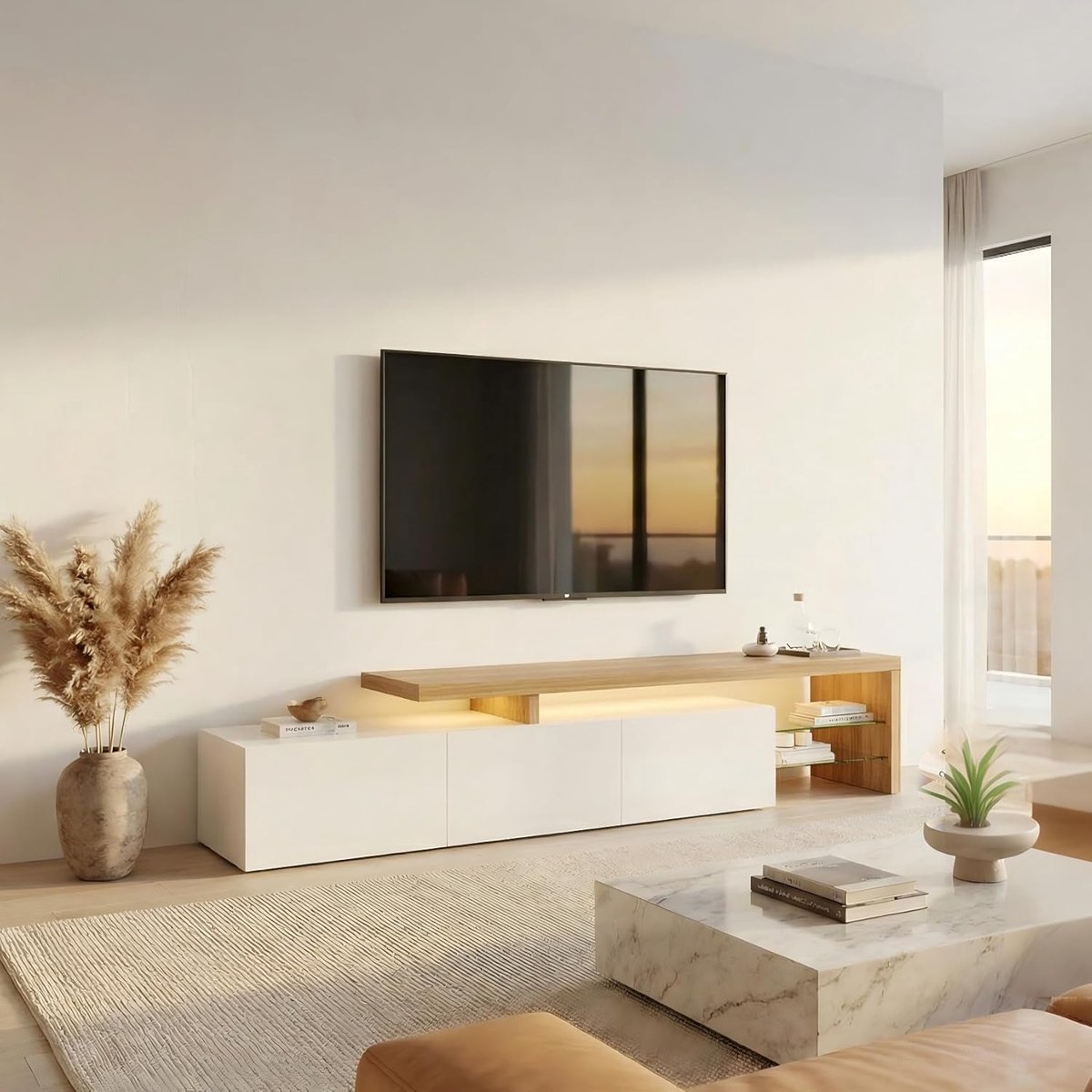Luxe LED TV-Meubel 200x39x42 cm met Glazen Planken en 3 Opbergkasten – Modern Hoogglans Wit Design voor Woonkamer