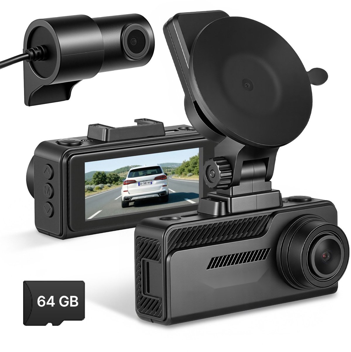 Dashcam voor auto - Dubbele voor- & achtercamera - Ultra HD 4K voor + 1080p achter - GPS - G-sensor - Parkeermodus - Loopopname - Geheugenkaart 64 GB - Zwart