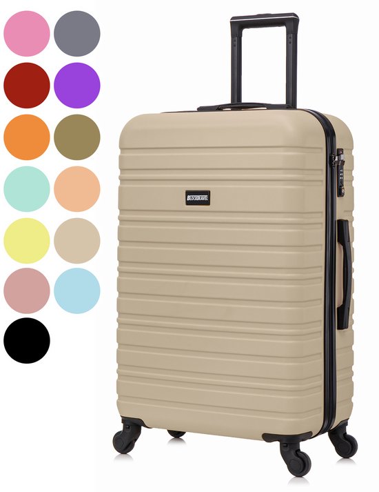 Beige koffer met horizontale lijnen, TSA-slot en uittrekbare handgreep. Kleurenkaart ernaast.