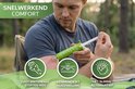 Man gebruikt groene Venomkiller extractor op arm. "Snelwerkend comfort. Zuigt irriterende stoffen weg."