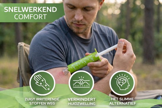 Man gebruikt groene Venomkiller extractor op arm. "Snelwerkend comfort. Zuigt irriterende stoffen weg."