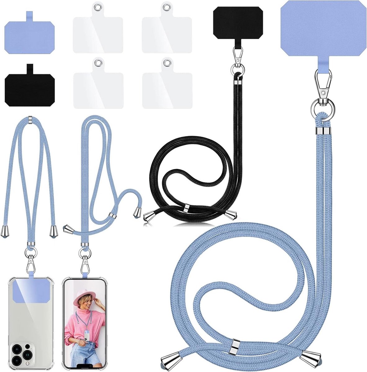Verstelbare Telefoonketting met 6 Pads, Unisex Nekband voor Smartphones, Ideaal voor Handsfree Gebruik en Draagcomfort (Zwart + Lichtblauw)