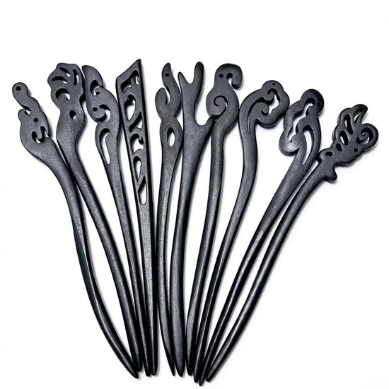 Set de 10 épingles à cheveux en bois noir, bâtonnets à cheveux style vintage avec motifs découpés, accessoire pour femmes pour chignons et coiffures relevées