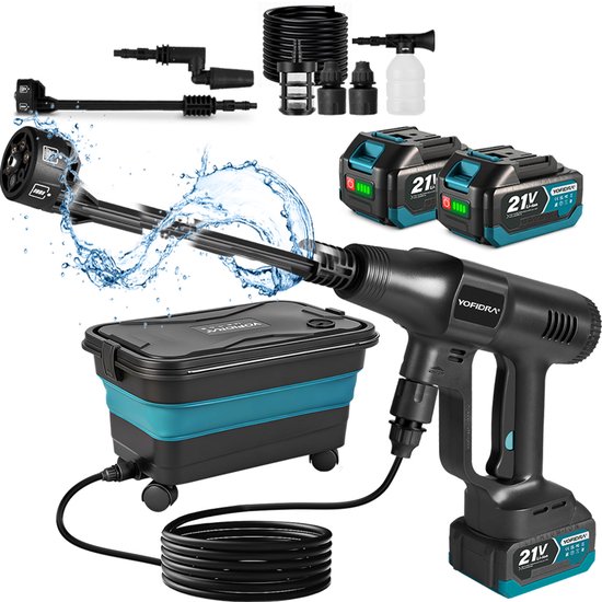 Hogedrukreiniger Accu 70 bar 600W met 2 batterijen, 6-in-1 spuitkop, 22L emmer, 5m slang – mobiel voor auto & tuin