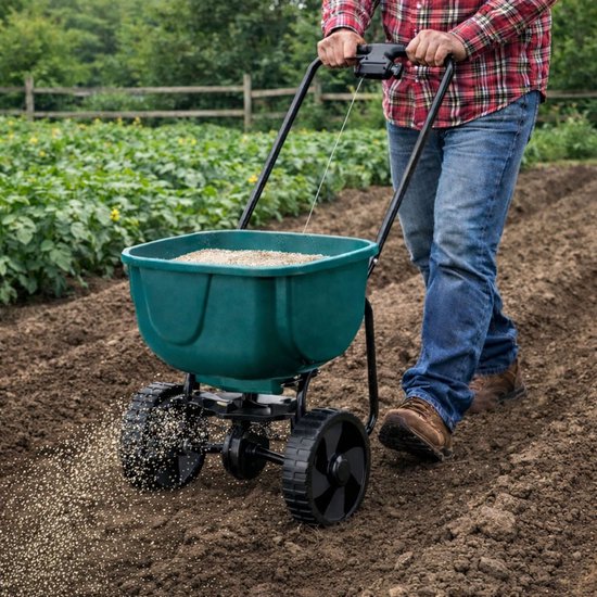 MOZY® - Universele Strooiwagen - 27 liter - voor Mest, Zaden, Zout en Zand - tot 20 kilo - Groen - 3 Meter Strooibreedte - Meststofstrooier - Strooikar - Zoutstrooier - Zandstrooier van Merkloos	 — afbeelding 2