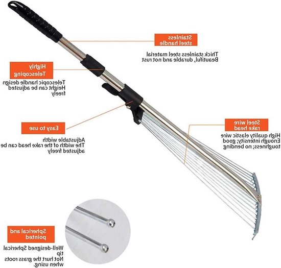 aladdien - Tuinbladdraad Hark - Instelbaar Telescopisch Tuingereedschap - Multitand Metalen Hark - Perfect voor Bladhooi - Ideaal voor Gazons en Tui.. van Aladdien — afbeelding 2