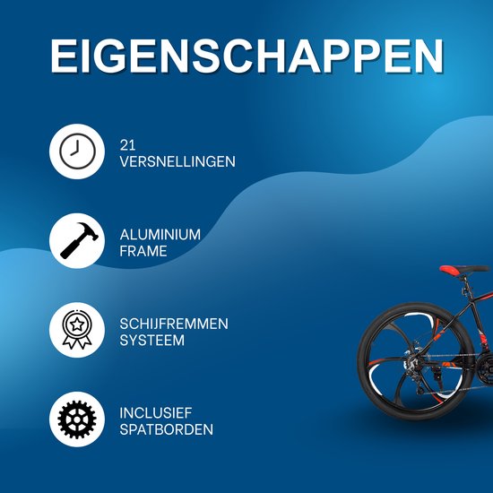 Mountainbike 66 cm - Voor Heren en Dames - 21 Versnellingen - Dubbele Mechanische Schijfremmen - Aluminium Frame met Spatborden - Zwart van Merkloos — afbeelding 2