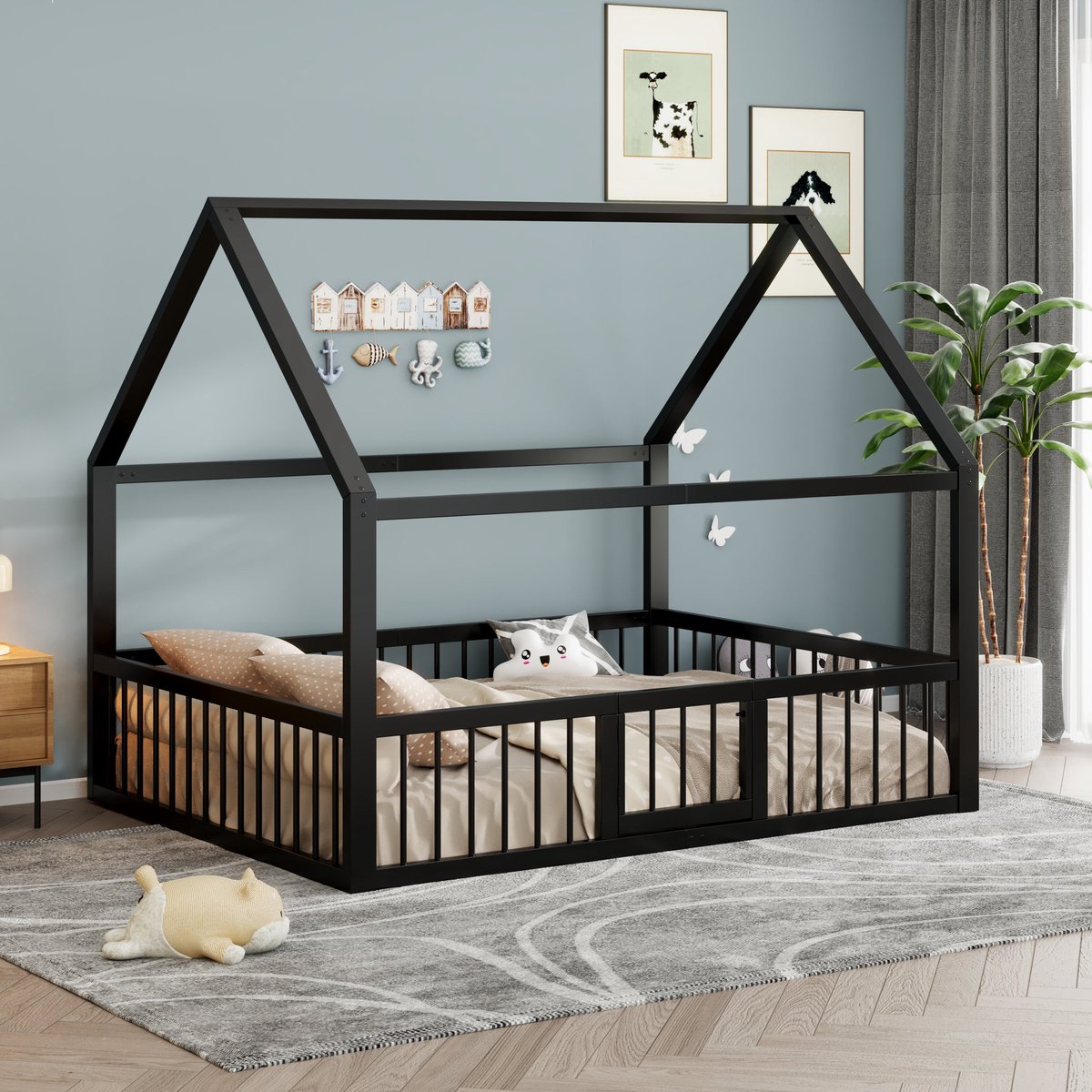 Merax Bed in Huisvorm 140x200 - Metalen Bed met Hekwerk - Kinderbed - Modern Bedframe - Zw