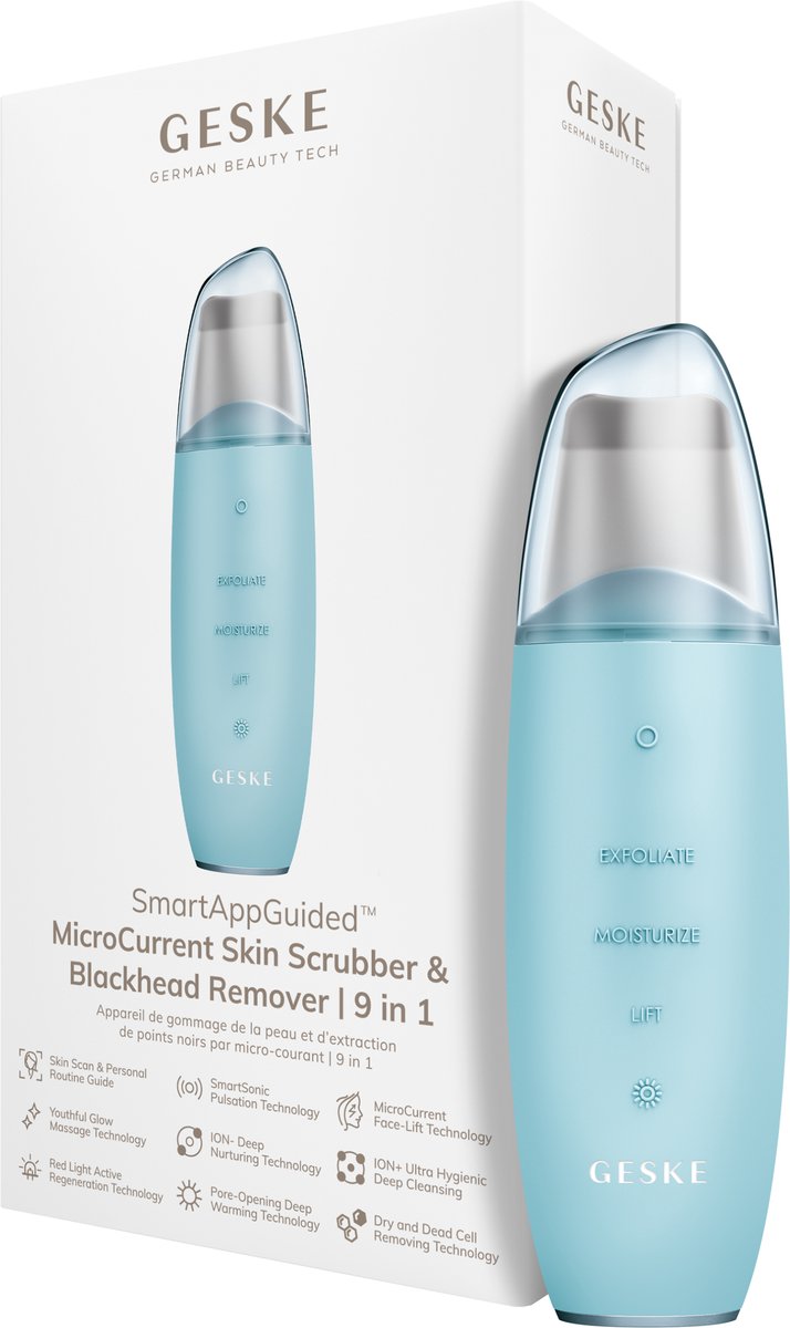 GESKE | SmartAppGuided™ MicroCurrent Skin Scrubber & Blackhead Remover | 9 in 1 | Tools huidverzorging | Gezichtsreiniging | Anti-aging en reiniging | Professionele facelift | Mee-eter verwijderaar