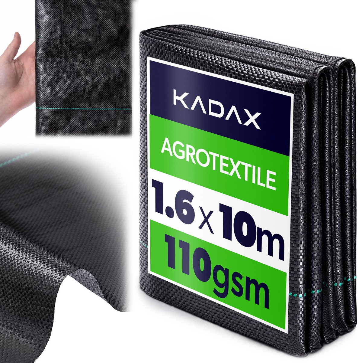 KADAX onkruiddoek 1,6 x 10 m, 110 g/m², scheurbestendig tuinzeil van polypropyleen, waterdoorlatend tuinzeil voor effectieve onkruidbestrijding, plantenzeil (zwart)