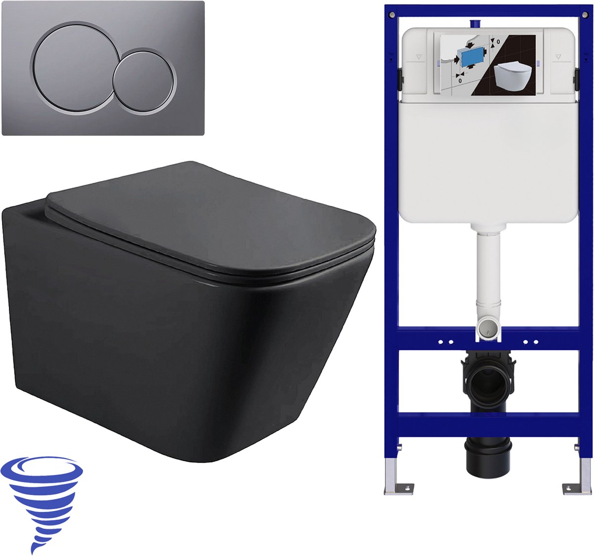 LOMAZOO Hangtoilet met Inbouwreservoir - Vierkant Zwart - Drukplaat Rond Gunmetal - Linea